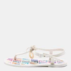 Pre Owned Fendi White Jelly Logo Charm Sunny Thong Flat Sandals Size 36