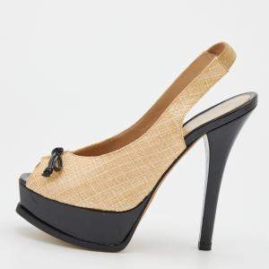 Fendi Beige Woven Raffia Fendista Bow Platform Slingback Sandals Size 37