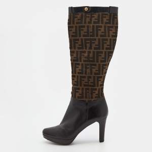 Pre Owned Fendi Brown Zucca Canvas And Leather Knee Length Platform Boots Size 38