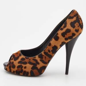 Pre Owned Fendi Brown Leopard Print Calf Hair Peep Toe Platform Pumps Size 40