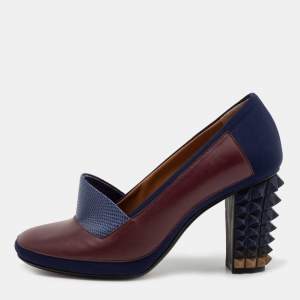 Pre Owned Fendi Blue/Brown Lizard Embossed And Leather Polifonia Court Studded Heel Pumps Size 37