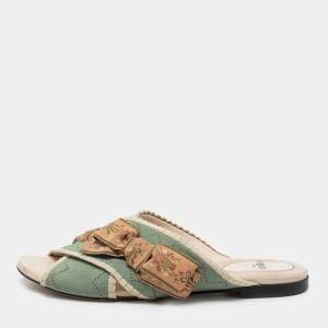 Pre Owned Fendi Mint Green Knit Fabric Bow Cross Strap Flat Slides Size 36