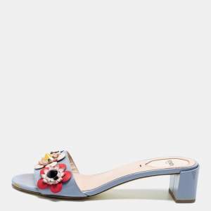 Fendi Blue Patent Leather Flowerland Block Heel Slides Size 39