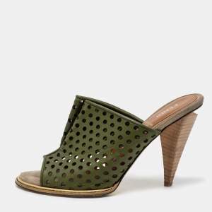 Pre Owned Fendi Green Perforated Leather Mules Size 38.5
