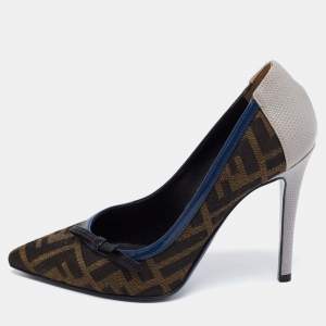 Pre Owned Fendi Multicolor Zucca Canvas and Iguana Leather Pointed Toe Pumps Size 35