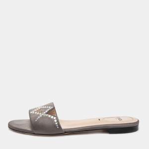 Pre Owned Fendi Grey Crystal Embellished Satin Flat Slides Size 38
