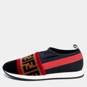 Pre Owned Fendi Tri-Color Stretch Nylon, Mesh and Zucca Print Velvet Runaway Slip-On Sneakers Size 38