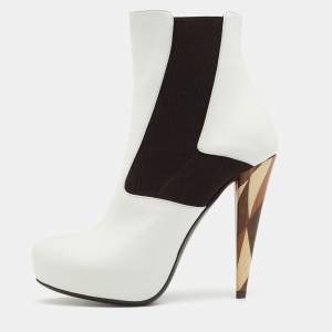 Pre Owned Fendi White/Brown Leather And Stretch Fabric Platform Ankle Boots Size 37.5