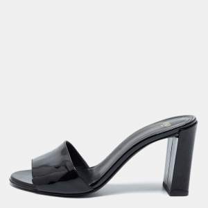 Pre Owned Fendi Black Patent Leather Logo Slide Sandals Size 37