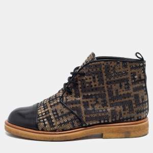 Pre Owned Fendi Brown Leather And Canvas Monogram FF Zucca Ankle Boots Size 38