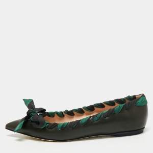 Pre Owned Fendi Dark Green Leather And Fabric Bow Pointed Toe Ballet Flats Size 38