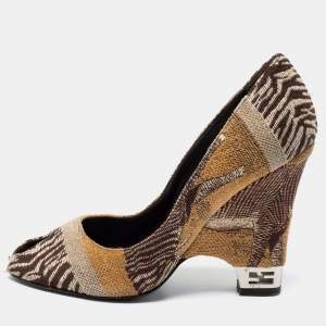 Pre Owned Fendi Brown Jacquard Canvas Peep Toe Pumps Size 36.5