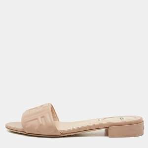 Pre Owned Fendi Beige Leather FF Motif Slide Sandals Size 38