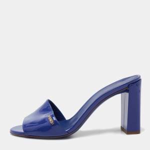 Fendi Blue Patent Leather Block Heel Slides Size 39