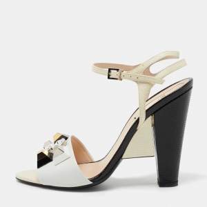 Pre Owned Fendi Tricolor Lizard Embossed And  Leather Fantasia Studded Ankle Strap Sandals Size 39