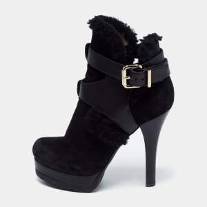 Pre Owned Fendi Black Suede, Leather and Fur Platform Ankle Booties Size 35