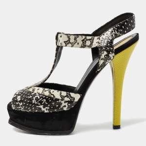 Fendi Black/White Python Embossed Leather T-Strap Platform Sandals Size 38