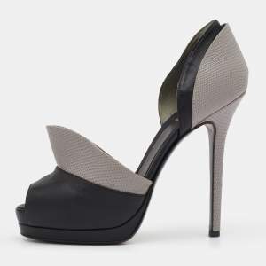 Pre Owned Fendi Black/Grey Lizard Embossed Leather Anemone Peep-Toe Pumps Size 38