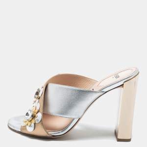 Fendi Silver/Gold Leather Cross Strap Flowerland Slide Sandals Size 36