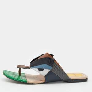 Fendi Multicolor Bugs Paneled Leather Thong Flat Sandals Size 41