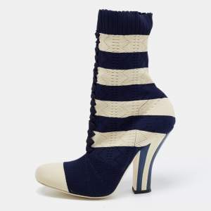 Fendi Navy Blue/Cream Striped Knit Fabric Boots Size 38.5