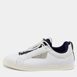 Pre Owned Fendi White/Blue Leather And Fabric Bag Bugs Appliqué Low Top Sneakers Size 41