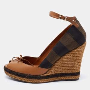 Pre Owned Fendi Brown/Black Leather and Striped Canvas Espadrille Wedge Peep Toe Pumps Size 39.5