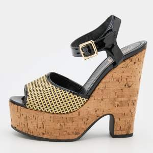 Pre Owned Fendi Yellow/Black Tweed and Patent Leather Cork Wedge Platform Ankle Strap Sandals Size 37