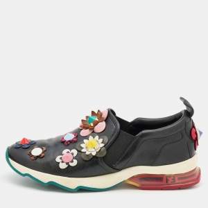 Pre Owned Fendi Black Leather Flowerland Slip On Sneakers Size 39