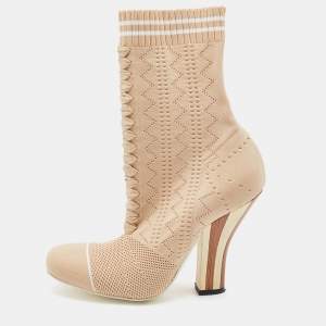 Pre Owned Fendi Beige Knit Fabric Rockoko Runway Openwork Ankle Boots Size 38