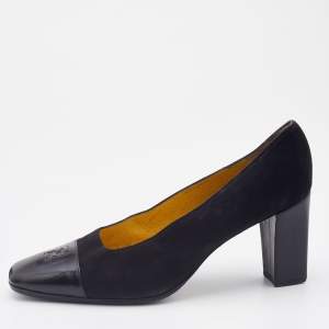 Pre Owned Fendi Vintage Black Suede and Leather Block Heel Pumps Size 38.5