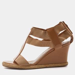 Pre Owned Fendi Beige Patent Leather and Stretch Band Strappy Wedge Sandals Size 36.5