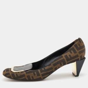 Pre Owned Fendi Brown/Black Zucca Canvas and Patent Leather Square Toe Pumps Size 41