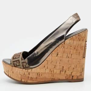 Fendi Brown/Grey Zucca Canvas And Patent Leather Cork Platform Wedge Slingback Sandals Size 36
