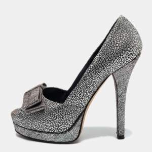 Pre Owned Fendi Silver Textured Fabric Bow Peep Toe Pumps Size 39