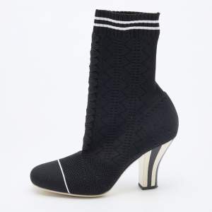 Pre Owned Fendi Black/White Knit Fabric Rockoko Runway Openwork Ankle Boots Size 38