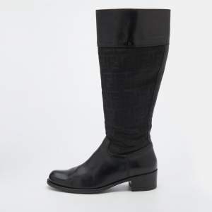 Pre Owned Fendi Black Zucchino Canvas and Leather Knee Length Boots Size 40.5