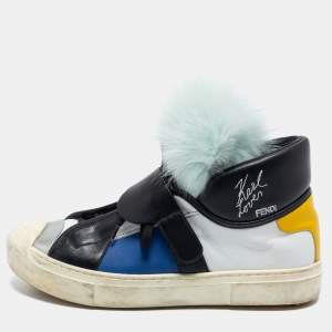 Fendi Multicolor Leather And Fox Fur Karlito High Top Sneakers  Size 38