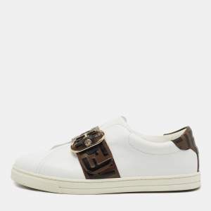 Pre Owned Fendi White and Brown FF Logo Sneakers Size 39