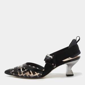 Fendi Black Leather and Zucca PVC Colibri Slingback Pumps Size 37