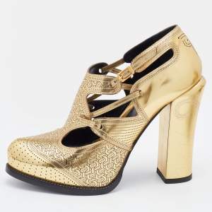 Pre Owned Fendi Metallic Gold Perforated Leather Platform Booties Size 38