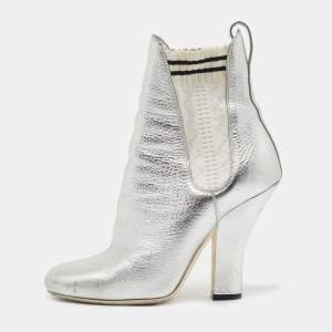 Pre Owned Fendi Silver Leather Marie Antoinette Ankle Boots Size 39