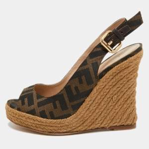 Pre Owned Fendi Brown Zucca Canvas Espadrille Wedge Platform Slingback Sandals Size 35