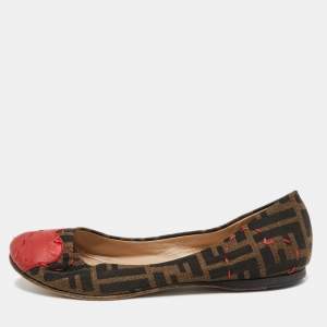 Pre Owned Fendi Brown/Red Zucca Canvas Heart Cap Toe Ballet Flats Size 37