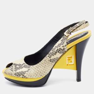 Pre Owned Fendi Cream/Black Python Embossed Leather Peep Toe Platform Slingback Pumps Size 38