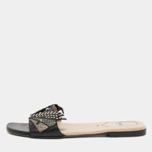 Pre Owned Fendi Black Leather Studded Flat Slides Size 38