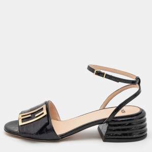 Pre Owned Fendi Black Croc Embossed Leather Promenade Ankle Strap Sandals Size 35