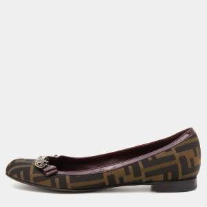 Fendi Brown/Burgundy Zucca Canvas and Patent Leather Logo Ballet Flats Size 36