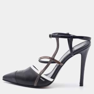 Pre Owned Fendi Black Leather and Lizard Embossed Pointed Toe Ankle Strap Pumps Size 37