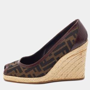 Pre Owned Fendi Brown Zucca Canvas and Leather Zeppa Espadrille Wedge Pumps Size 37.5